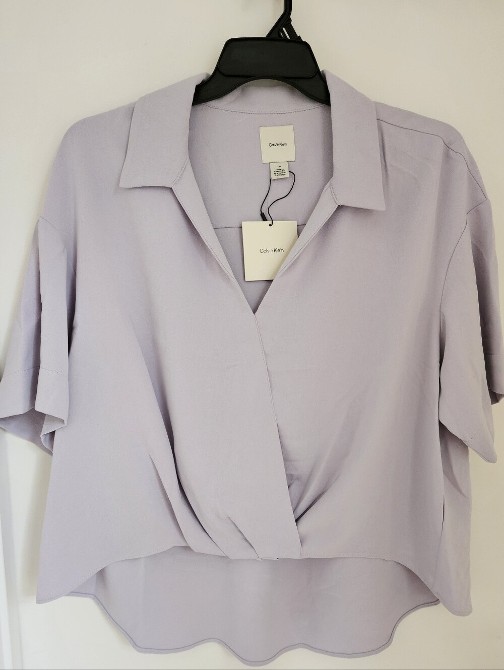 Calvin Klein Women's Sz L Collared Draped Faux Wrap Blouse Orchid Petal Pink NWT